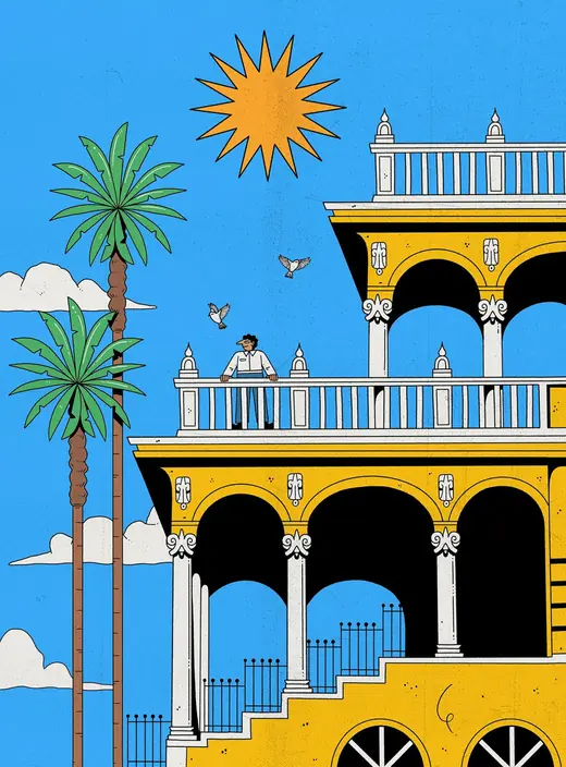 Illustrated colonial building with palm trees and sun — tropical architecture