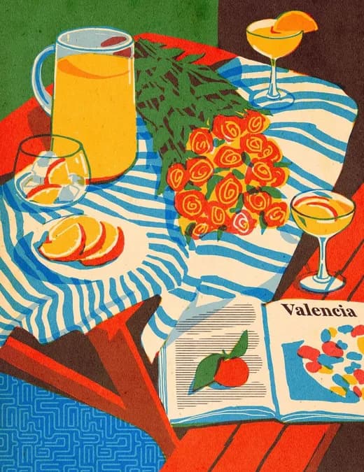 Illustrated still life — citrus drinks, roses and an open book